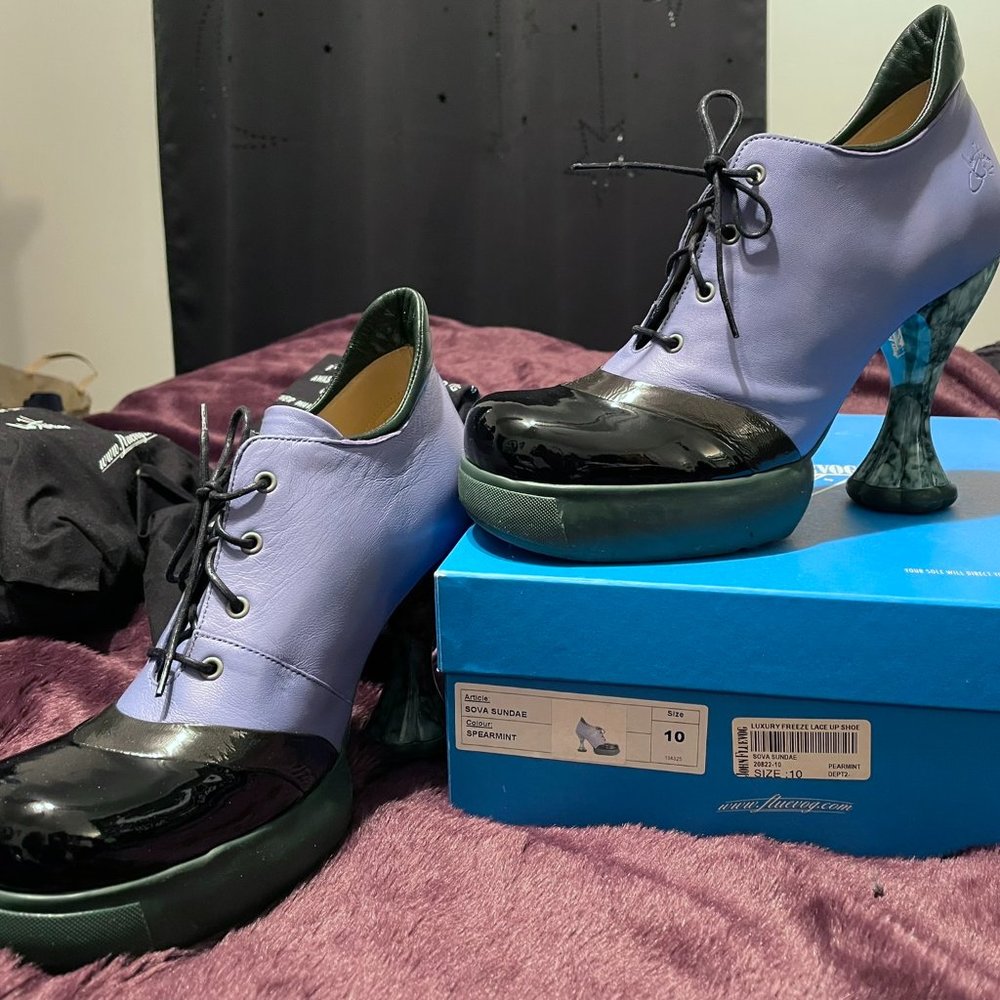 Fluevog: Sova Sundae Platform Heels, Blue & Green